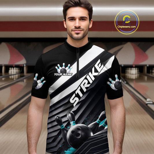 Custom Black And Blue Strike Bowling Quarter-Zip Shirts For Men, Bowling Team Uniform IPHW9628