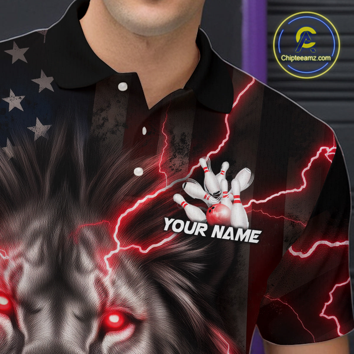 Custom Red Thunder Lightning Patriotic Lion Polo Shirts For Men, US Flag Bowling Jerseys IPHW9319