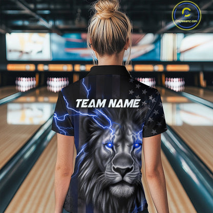 Custom Blue Thunder Lightning Patriotic Lion Women Quarter-Zip Shirt, US Bowling Jersey IPHW9320