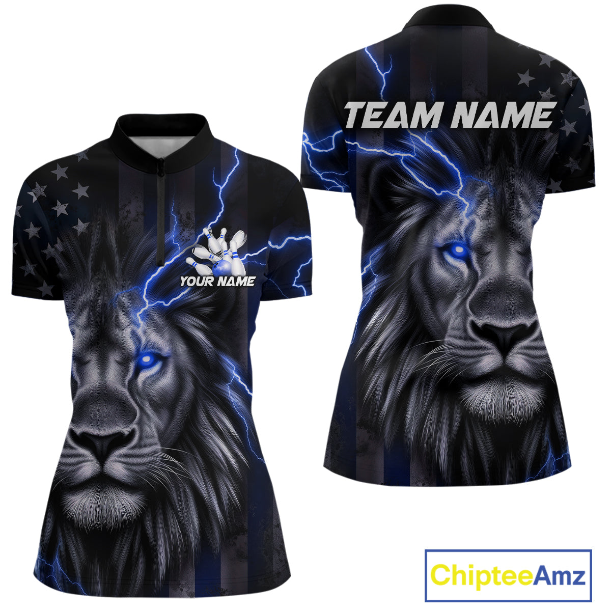 Custom Blue Thunder Lightning Patriotic Lion Women Quarter-Zip Shirt, US Bowling Jersey IPHW9320