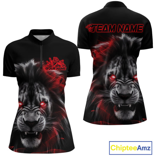 Custom Black And Red Lion Bowling Quarter-Zip Team Shirt For Women, Lion Bowling Jersey IPHW9328