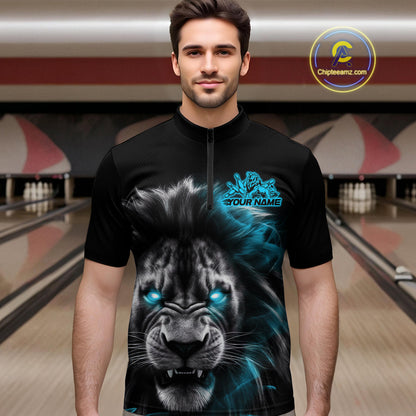 Custom Black And Blue Lion Bowling Quarter-Zip Team Shirts For Men, Lion Bowling Jerseys IPHW9329