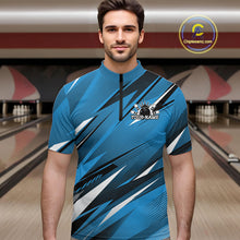 Load image into Gallery viewer, Man wearing a blue bowling shirt with a logo in a bowling alley.