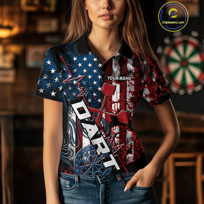 Custom Vintage Patriotic Dart Team Women Polo Shirts, US Flag Dart Jerseys IPHW9648