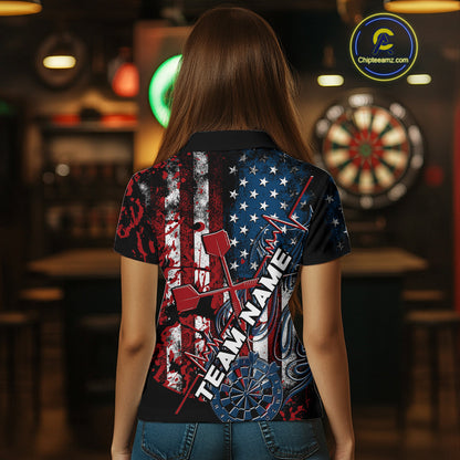 Custom Vintage Patriotic Dart Team Women Polo Shirts, US Flag Dart Jerseys IPHW9648
