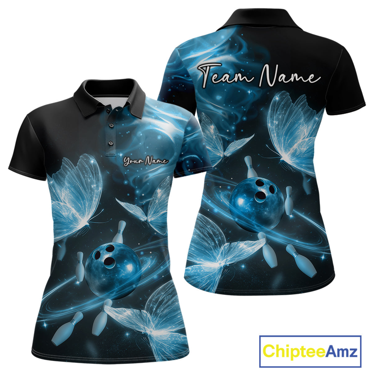 Custom Ethereal Blue Butterflies Bowling Team Women Polo Shirts, Ladies Bowling Outfit IPHW10238