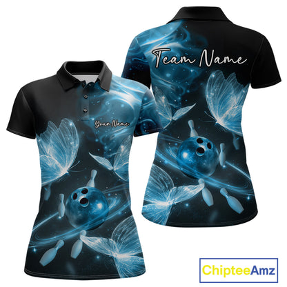 Custom Ethereal Blue Butterflies Bowling Team Women Polo Shirts, Ladies Bowling Outfit IPHW10238