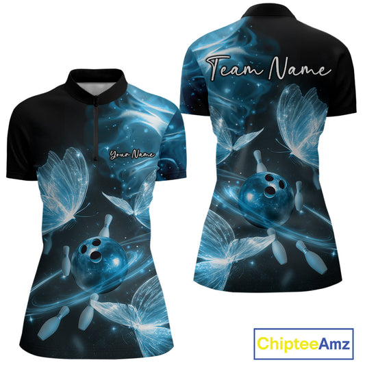 Custom Ethereal Blue Butterflies Bowling Women Quarter-Zip Shirts, Ladies Bowling Outfit IPHW10238