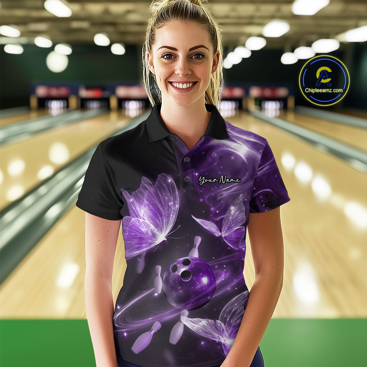 Custom Ethereal Purple Butterflies Bowling Team Women Polo Shirts, Ladies Bowling Outfit IPHW10239