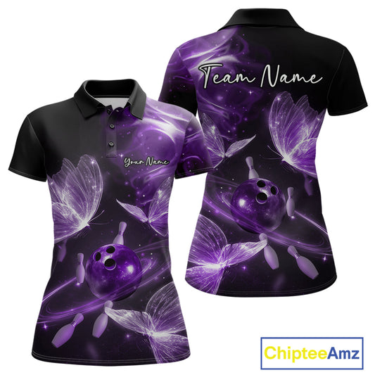 Custom Ethereal Purple Butterflies Bowling Team Women Polo Shirts, Ladies Bowling Outfit IPHW10239