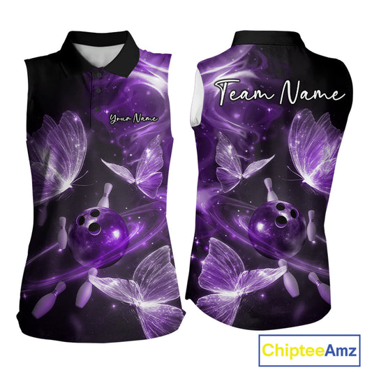 Custom Ethereal Purple Butterflies Bowling Team Women Sleeveless Shirts, Ladies Bowling Outfit IPHW10239