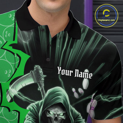 Custom Green Thunder Lightning Grim Reaper Bowling Men Polo Shirt, Halloween Bowler Outfit IPHW9841