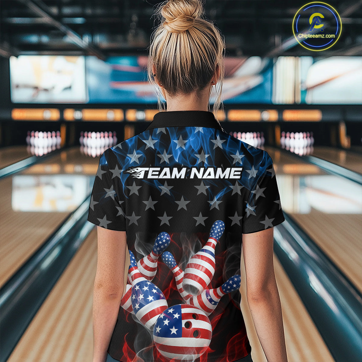 Custom Red And Blue Flame American Flag Patriotic Bowling Women Quarter-Zip Shirts IPHW9716