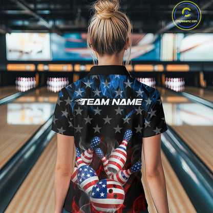 Custom Red And Blue Flame American Flag Patriotic Bowling Women Quarter-Zip Shirts IPHW9716