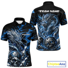 Load image into Gallery viewer, Personalised black and blue flaming dragon bowling shirt featuring a skull bowling ball and flying pins artwork