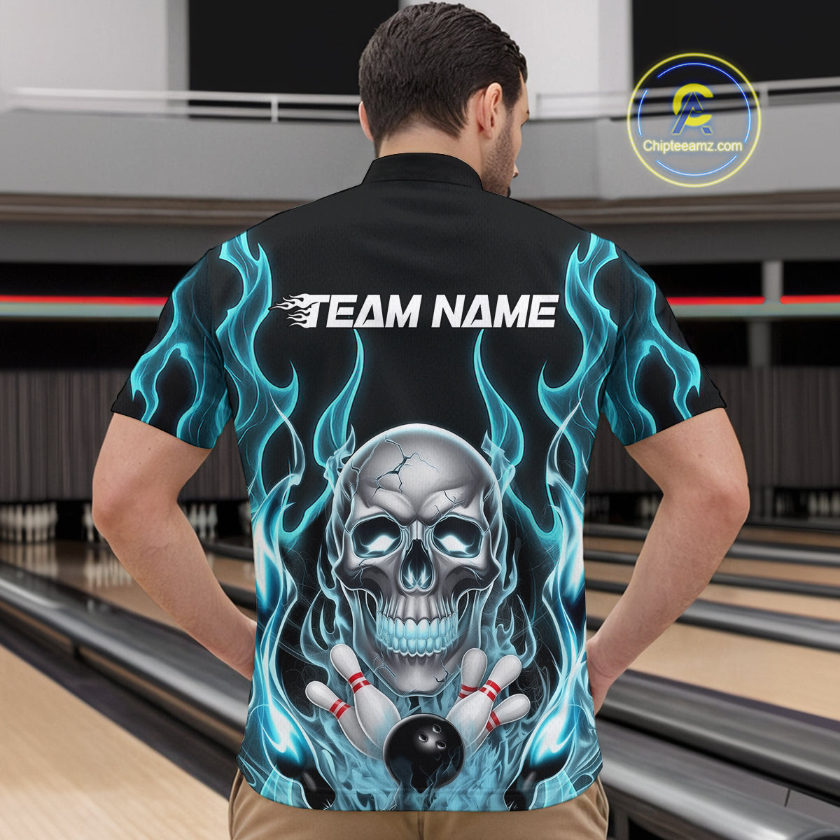 Custom Blue Fire Flame Skull Bowling Polo Shirts For Men, Halloween Bowling Team Outfit IPHW9491