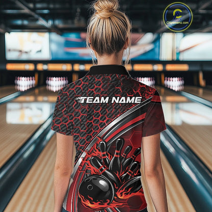 Back view of a female model in a bowling venue wearing a black and red polo shirt, showcasing honeycomb pattern with a flaming bowling action graphic.