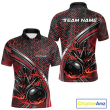 Load image into Gallery viewer, Custom Red Flame Bowling Men Polo Team Shirt, Hexagon Pattern Bowling Jerseys IPHW11310