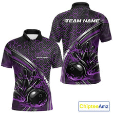 Load image into Gallery viewer, Custom Purple Flame Bowling Men Polo Team Shirt, Hexagon Pattern Bowling Jerseys IPHW11311