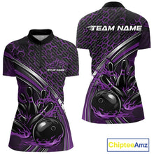 Load image into Gallery viewer, Custom Purple Flame Bowling Women Quarter-Zip Team Shirt, Hexagon Pattern Bowling Jersey IPHW11311