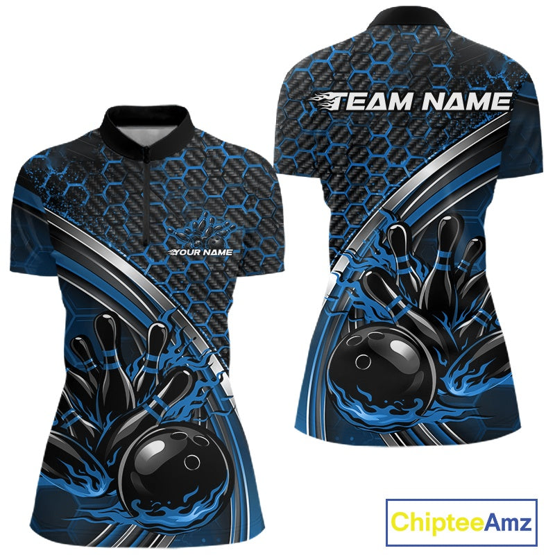 Front and back view of a women s bowling quarter zip mockup featuring a honeycomb pattern with flaming bowling ball and pins graphics in black and blue.