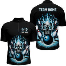 Load image into Gallery viewer, Personalized Unisex Skull Bowling Shirt Custom Team'S Name Flame Bowler Jerseys | Teal Blue IPHW6512