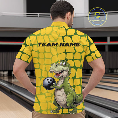 Custom Funny Yellow Dinosaur Bowling Team Men Quarter-Zip Shirt, Bowling Tournament Team Shirt IPHW9929