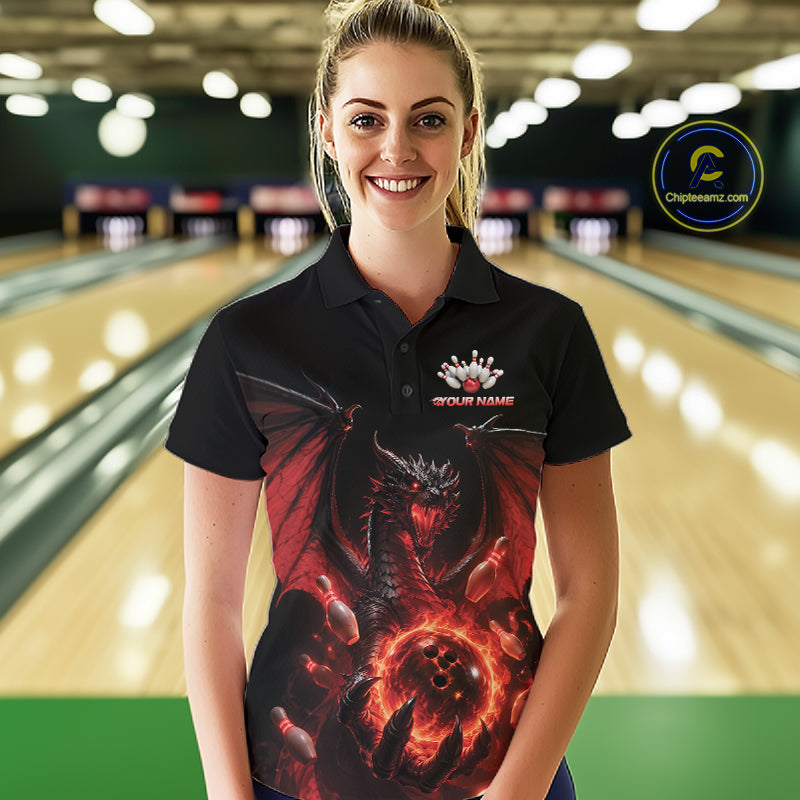 Custom Red Dragon Flame Bowling Team Women Polo Shirt, Bowling League Shirt IPHW11666