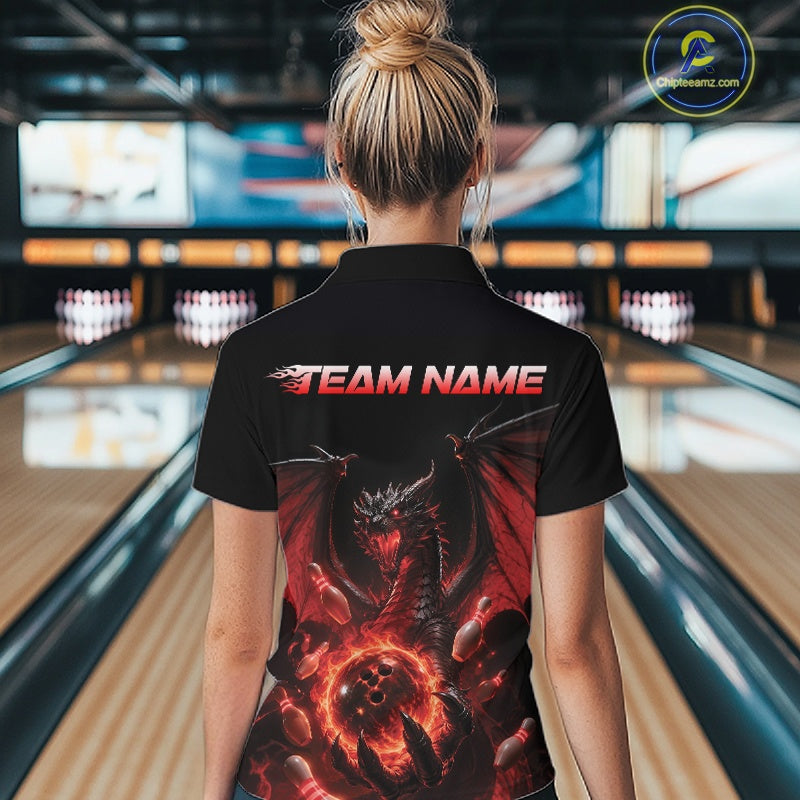Custom Red Dragon Flame Bowling Team Women Polo Shirt, Bowling League Shirt IPHW11666