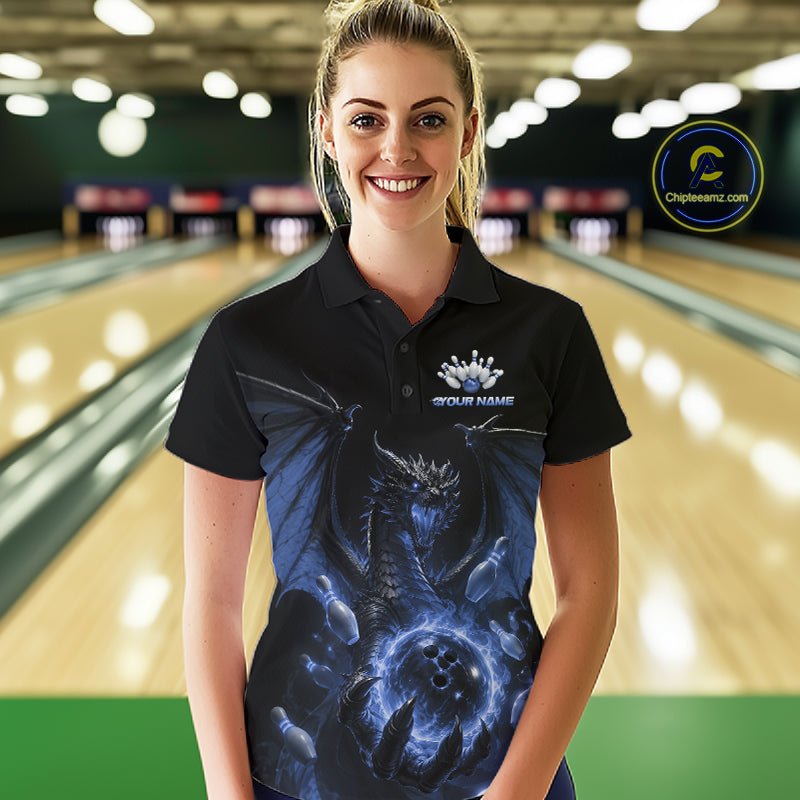 Custom Blue Dragon Flame Bowling Team Women Polo Shirt, Bowling League Shirt IPHW11668