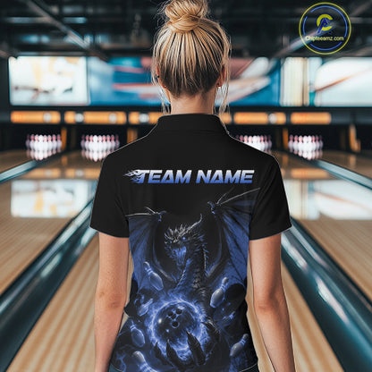 Custom Blue Dragon Flame Bowling Team Women Polo Shirt, Bowling League Shirt IPHW11668