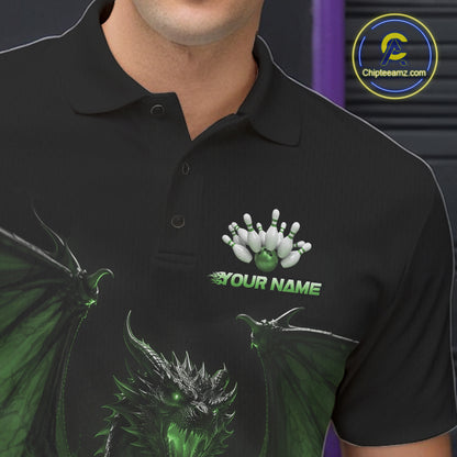Custom Green Dragon Flame Bowling Team Men Polo Shirt, Bowling League Shirt IPHW11669