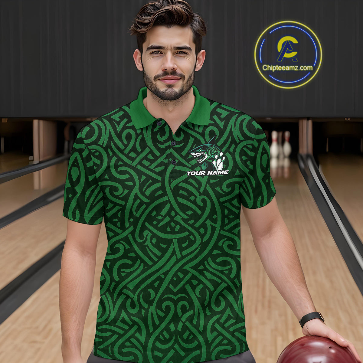 Custom Green Tribal Shark Bowling Team Men Polo Shirt, Shark Bowling Tournament Shirt IPHW10176