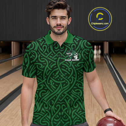 Custom Green Tribal Shark Bowling Team Men Polo Shirt, Shark Bowling Tournament Shirt IPHW10176
