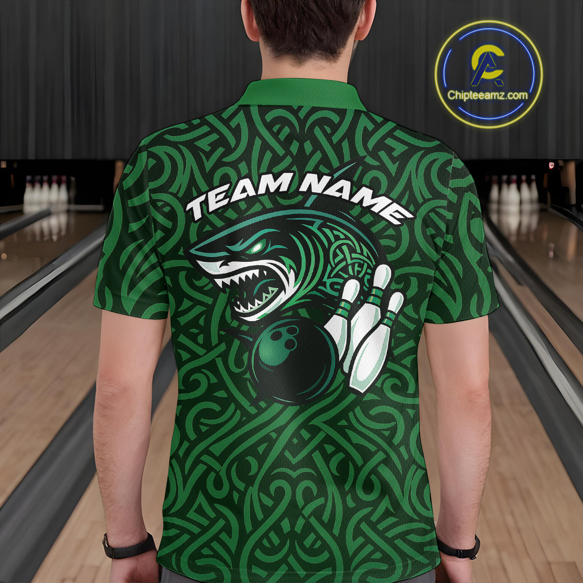 Custom Green Tribal Shark Bowling Team Men Polo Shirt, Shark Bowling Tournament Shirt IPHW10176