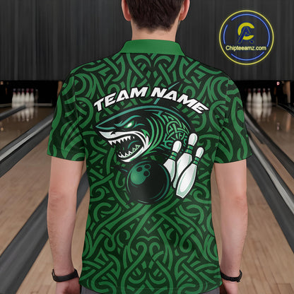 Custom Green Tribal Shark Bowling Team Men Polo Shirt, Shark Bowling Tournament Shirt IPHW10176