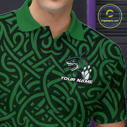 Custom Green Tribal Shark Bowling Team Men Polo Shirt, Shark Bowling Tournament Shirt IPHW10176