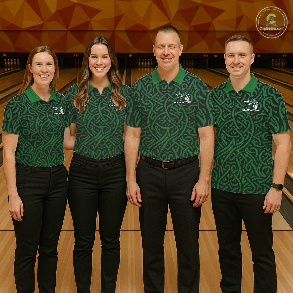 Custom Green Tribal Shark Bowling Team Men Polo Shirt, Shark Bowling Tournament Shirt IPHW10176
