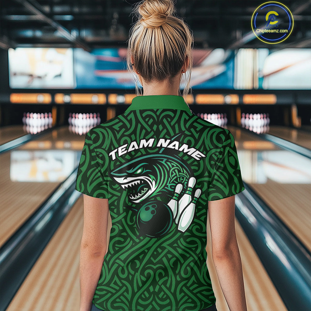 Custom Green Tribal Shark Women Bowling Team Shirts, Shark Bowling Tournament Shirt IPHW10176