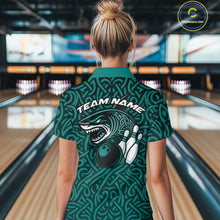 Load image into Gallery viewer, Custom Blue Tribal Shark Bowling Team Women Polo Shirt, Shark Bowling Tournament Shirt IPHW10177