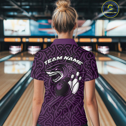 Custom Purple Tribal Shark Bowling Team Women Polo Shirt, Shark Bowling Tournament Shirt IPHW10178