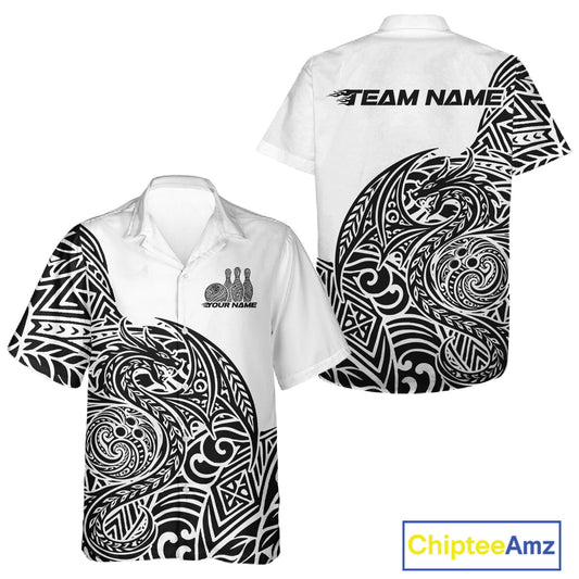 Custom Black And White Tribal Dragon Men And Women Bowling Hawaiian Shirt, Polynesian Bowling Shirt IPHW10340