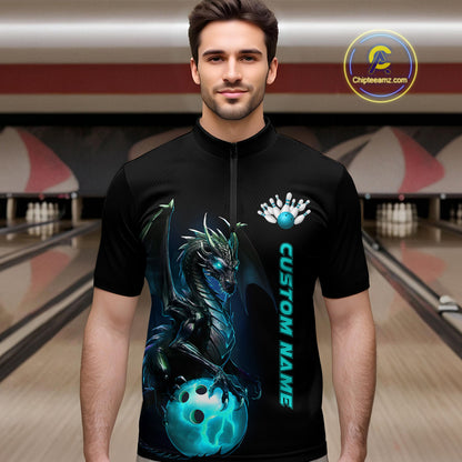 Custom Men Bowling Quarter Zip Shirts Blue Dragon Bowling Team Jerseys Bowling League Shirts IPHW5351