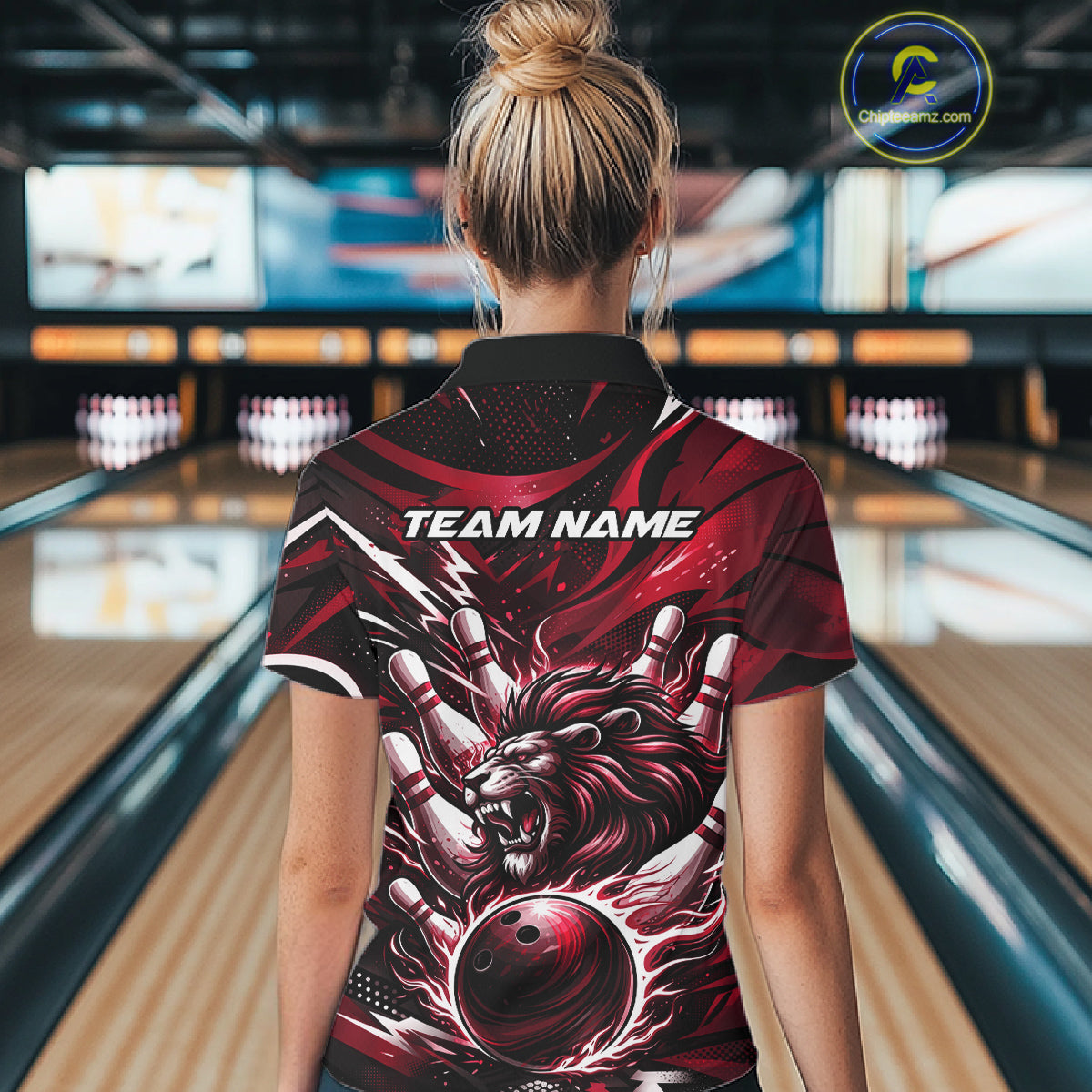 Custom Red Flame Bowling Ball Lion Bowling Jerseys, Lion Women Polo Bowling Shirt IPHW10351