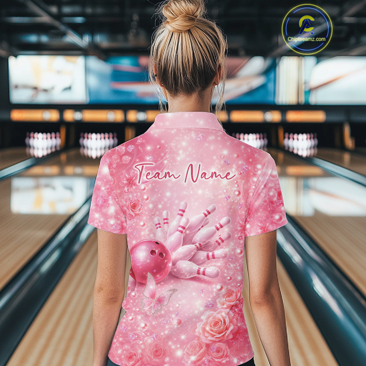 Back view female model wearing polo shirt with flaming bowling ball crashing into pins yellow fiery bowling illustration
