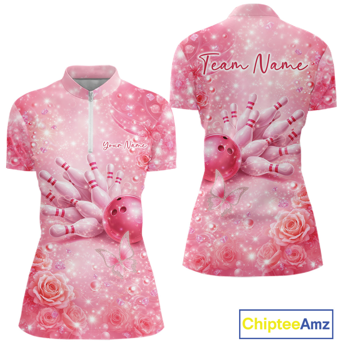 Front and back view of a women’s bowling quarter zip shirt featuring a pink bowling strike design with butterflies and sparkling diamond details.