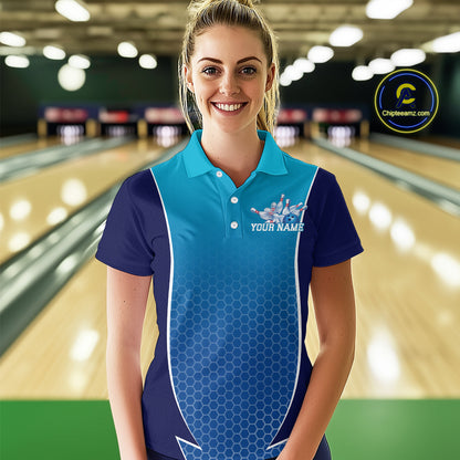 Custom Blue Bowling Team Polo Shirts For Women, Blue Bowling Jerseys Team Uniform IPHW9429