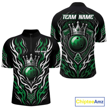 Custom Black And Green Irish Tribal Pattern Bowling Ball With Crown Men Quarter Zip Shirt IPHW11692
