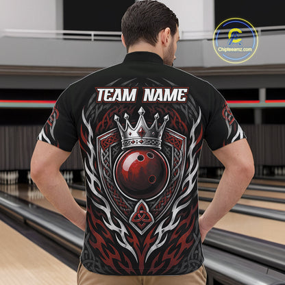 Custom Black And Red Irish Tribal Pattern Bowling Ball With Crown Men Quarter Zip Shirt IPHW11693