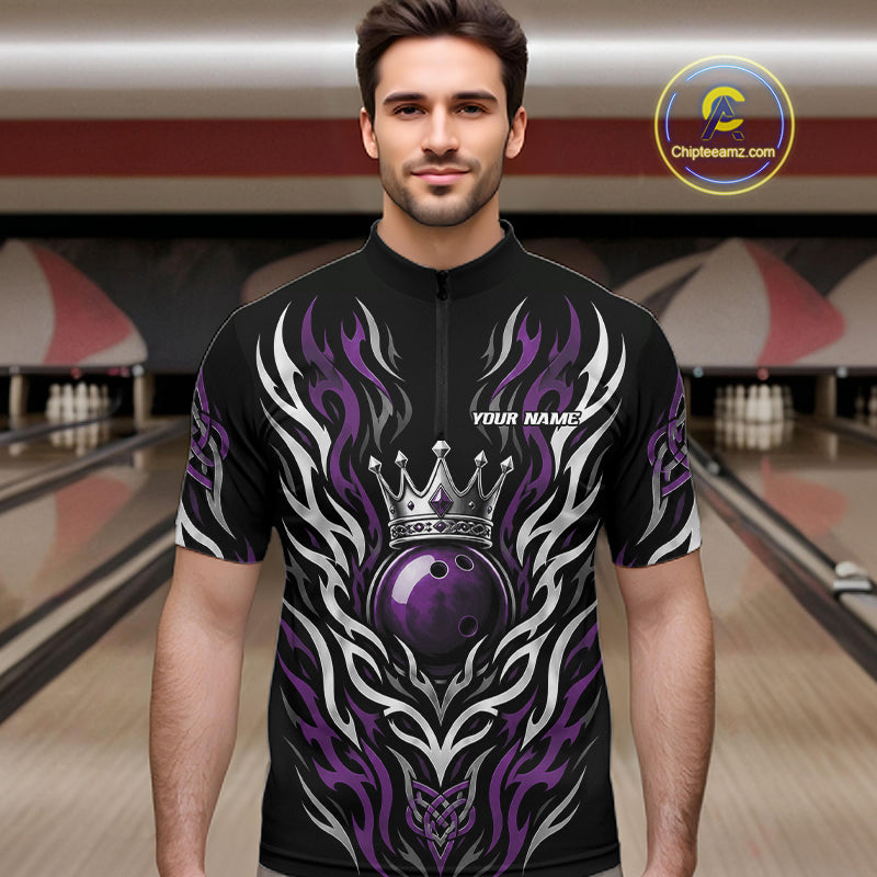 Custom Black And Purple Irish Tribal Pattern Bowling Ball With Crown Men Quarter Zip Shirt IPHW11695